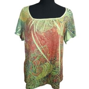 Blouse With Square Neckline Short Lettuce Cap Sleeves Whimsical Floral Sz L